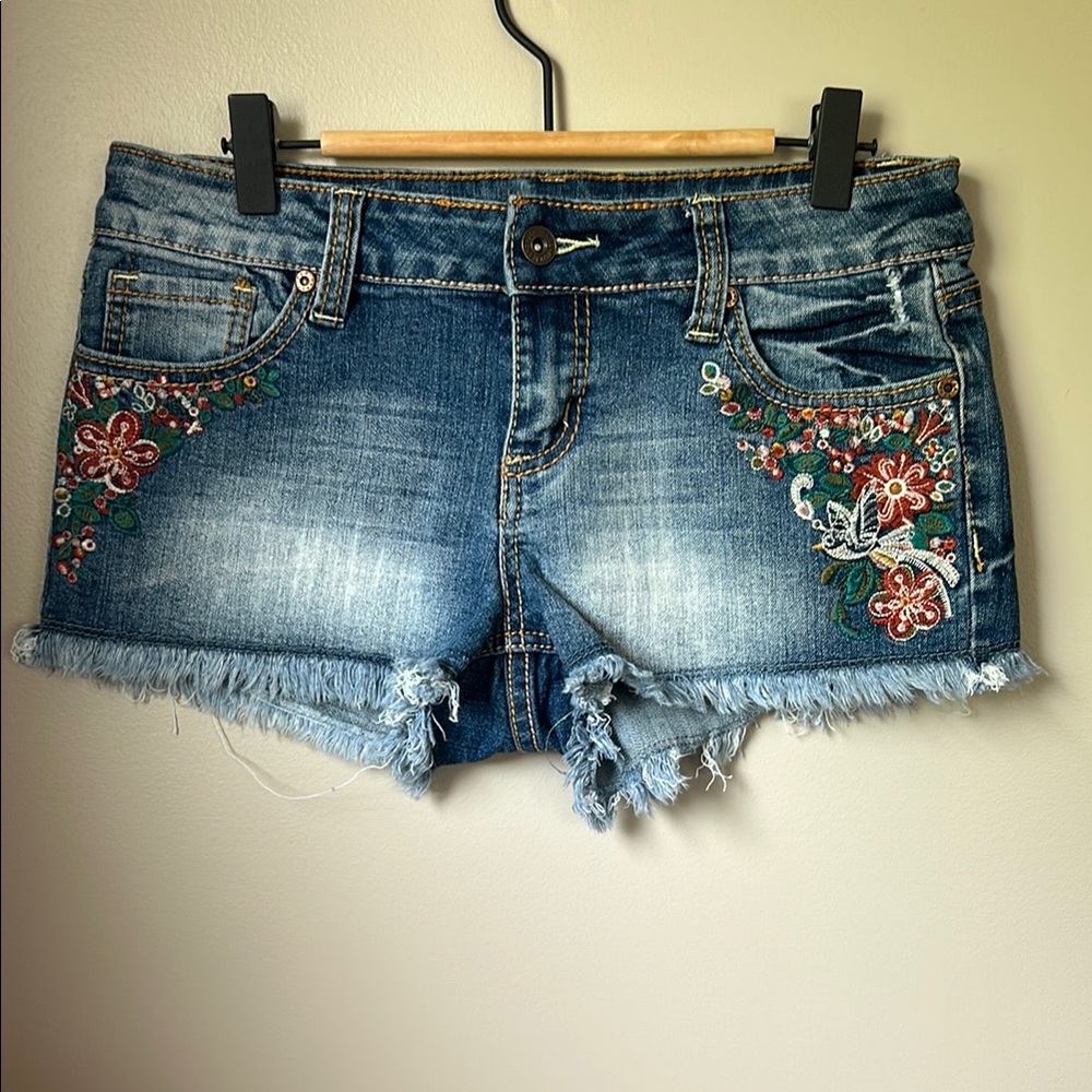 Vintage Y2K ZXO Jeans Embroidered Jean‎ Shorts Size 9 Low Rise Micro Cut Offs